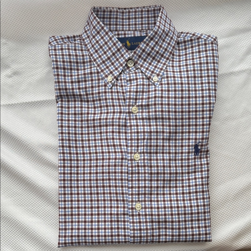 Ralph Lauren Men's Blue and Brown Plaid Shirt